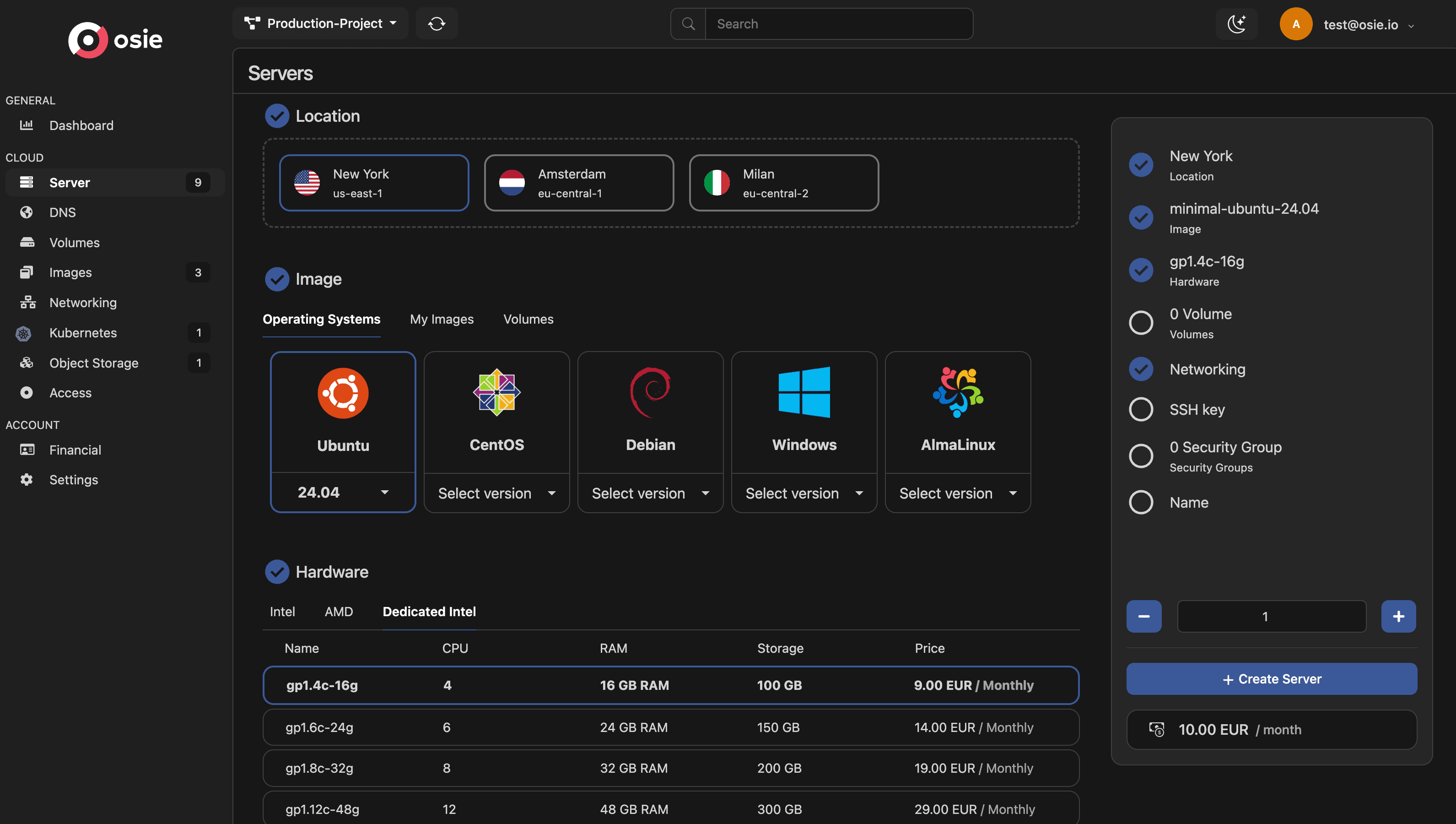 OSIE Create Server interface