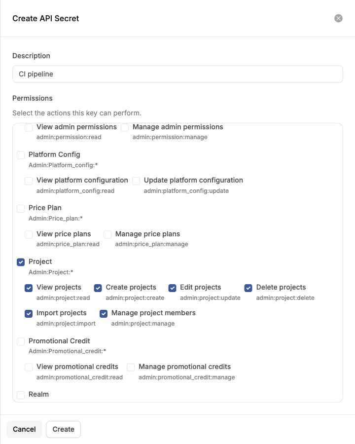Creating an API secret with the project permissions selected