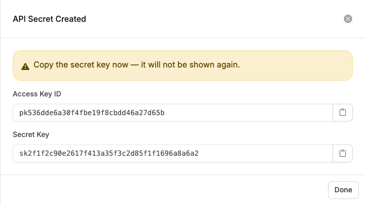 The generated access key ID and secret key